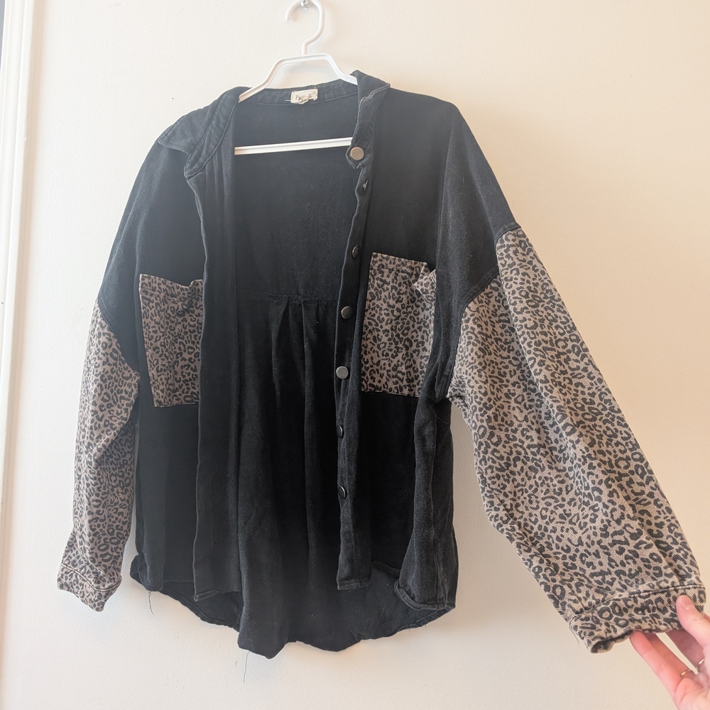 Black and Leopard Print Button-Up Shirt